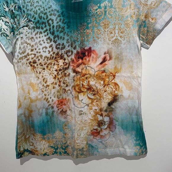 Christopher & Banks Women's Teal Gold Embellished Short Sleeve T-Shirt Small - Picture 2 of 7
